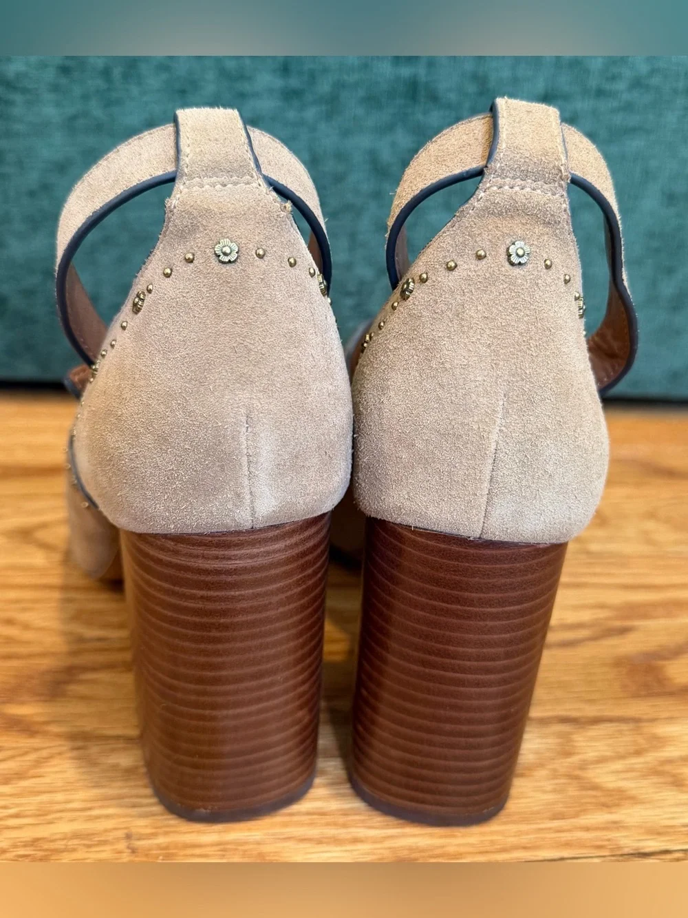 COACH Marnie Suede Block Heel Sandals Women’s 9.5 Tan Ankle Strap Heels w Box